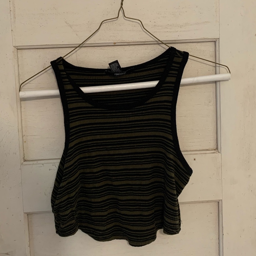Green And Black Striped Crop Tank Top